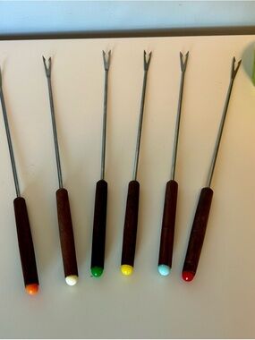 Vintage Fondue Fork Set 6 Wood Handle Retro Entertainment MCM Kitchen